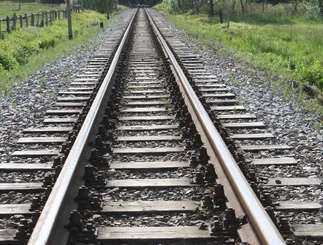 Railway track running straight between green fields and trees