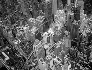 Black and white view over skyscrapers of a big city