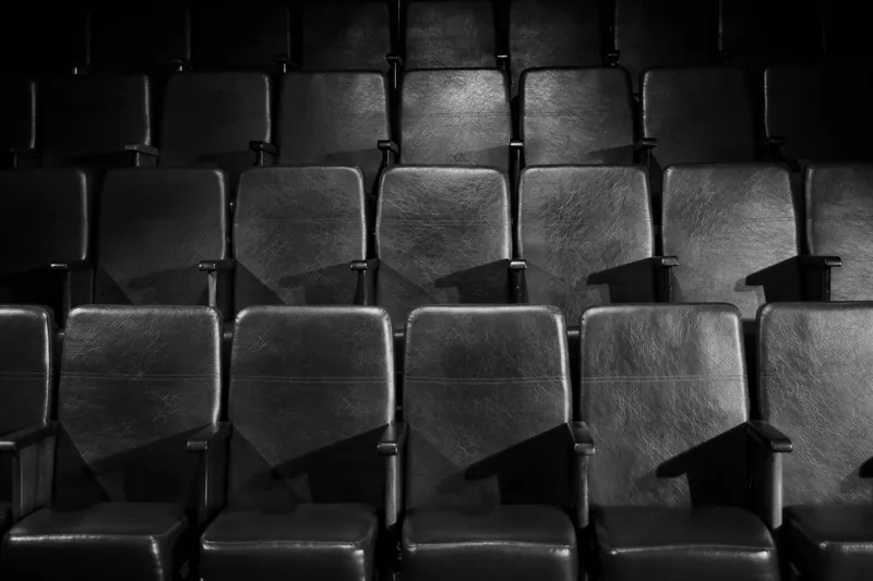 Rows of empty cinema seats in black and white
