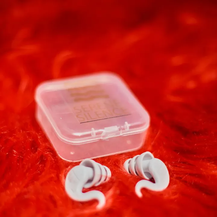 Reusable hi-fi earplugs next to their clear case