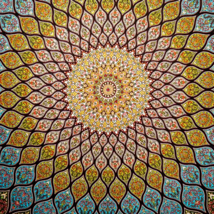 Close-up of a colourful mandala tapestry